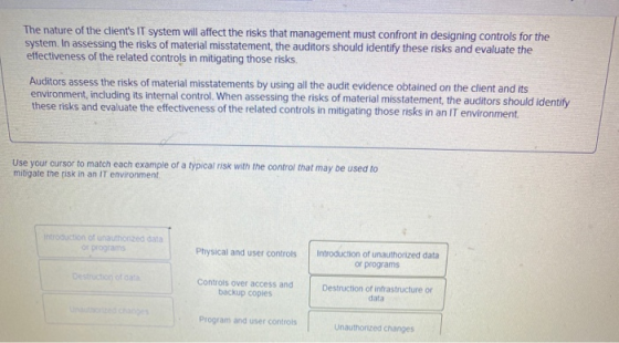 The nature of the clients IT system will affect the risks that management must confront in designing controls for the system