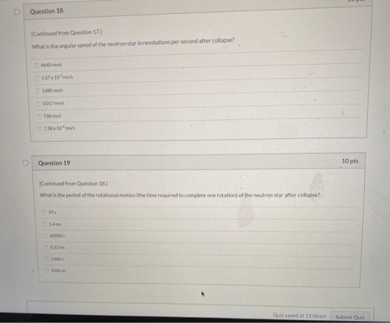Question 18 (Continued from Question 17.] What is the angular speed of the neutron star in revolutions per second after colla