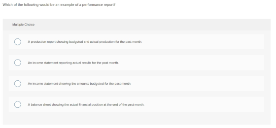 Which of the following would be an example of a performance report? Multiple Choice A production report showing budgeted and