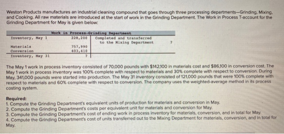 Weston Products manufactures an industrial cleaning compound that goes through three processing departments-Grinding. Mixing.