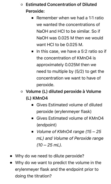 o Estimated Concentration of Diluted Peroxide: . Remember when we had a 1:1 ratio we wanted the concentrations of NaOH and HC