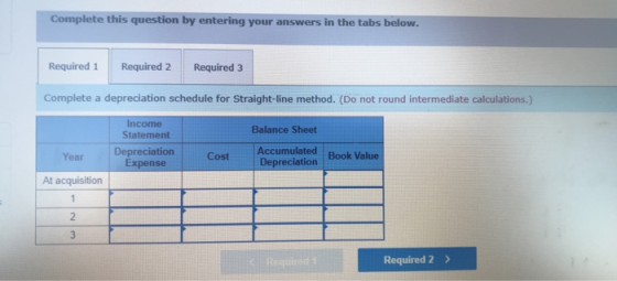 Complete this question by entering your answers in the tabs below. Required 1 Required 2 Required 3 Complete a depreciation s