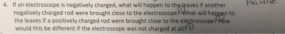 4. If an electroscope is negatively charged, what will happen to the leaves if another Pos e negatively charged rod were brought close to the electroscope? What will happen to the leaves if a positively charged rod were brought close to the electroscope? AH6w would this be different if the electroscope was not charged at all ,