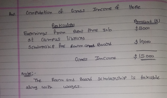 Hope of Income of Computation Gross Are Amount ($) $ 5.000 - Particulars Earnings from part time job at Campus librasy Scholo