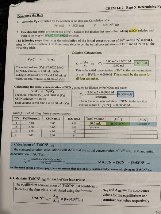 CHEM 1412 - Expt 5: Determining ko Processing the Data 1. Write the Ke expression for the reaction in the Data and Calculatio