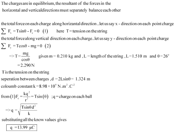 The charges are in equilibrium, the resultant of the forces in the horizontal and verticaldirections must separately balance each other the total forceon each charge along horizantal direction..let us sayx - direction on each pointcharge Σ F-Tsine-Fe-0 (1) thetotal forcealong vertical direction on each charge..let us sayy - direction on each point charge Σ F, Teose-mg-0 (2) here T-tension on the string Im COS6 -2.290NN given m-0.210 kg and L length of the string , L 1.510 m and θ 26, Tis the tension on thestring seperation between charges ,d -2Lsin0- 1.324 m coloumb constant k-8.98x 10 N.m2 .C2 from (1) F, ko =-=Tsin(θ) θ ;q=chargeon each ball Tsined substitutingall the know values gives q 13.99 μC