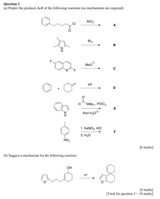 Question 2 (a) Predict the products A-F of the following reactions (no mechanisms are required): AICI: Br2 Meo para os 0.0...