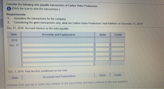 Consider the following note payable transactions of Carlton Video Productions. (Click the icon to view the transactions.) Req