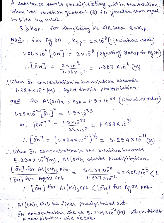 A substance starts precipitating at in the solution, When its reaction quotient (8) is greater than equal to tits ksp valice.
