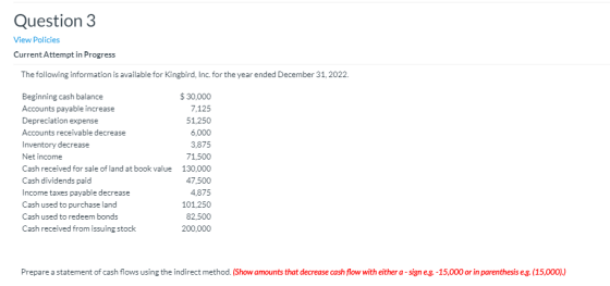 Question 3 View Policies Current Attempt in Progress The following information is available for Kingbird, Inc. for the year e