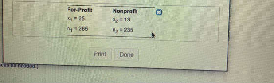 For-Profit Nonprofit X = 25 X2 = 13 n2 = 235 n =265 Print Done aces as needed!)