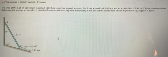 Your answer is partially correct. Try again. The ends of the 0.30-m bar remain in contact with their respective support surfa