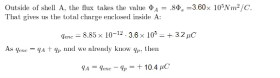 Outside of shell A, the flux takes the value A That gives us the total charge enclosed inside A: 89, =3.60x 105Nm2/C. Genc =