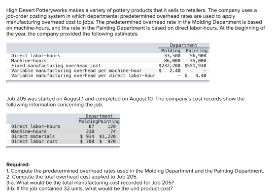 High Desert Potteryworks makes a variety of pottery products that it sells to retailers. The company uses a job-order costing