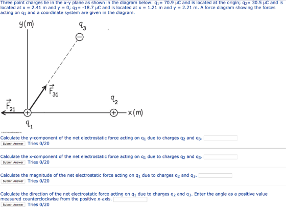 Three point charges lie in the x-y plane as shown in the diagram below: q1 70.9 HC and is located at the origin; q2= 30.5 HC