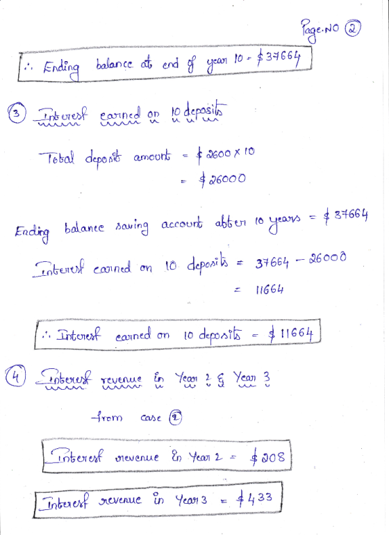 Page No @ Til Ending balance ato end of year 10 - $34664] ☺ meinterest earned or to deposits Inis en est Patna OD 10 dCpOSTI