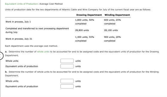 Equivalent Units of Production: Average Cost Method Units of production data for the two departments of Atlantic Cable and Wi