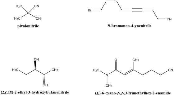 H3C CN H3C CH3 -CN pivalonitrile 9-bromonon-4-ynenitrile CN CH3 H3C CH3 H3C CN OH СН3 (2S,3S)-2-ethyl-3-hydroxybutanenitrile