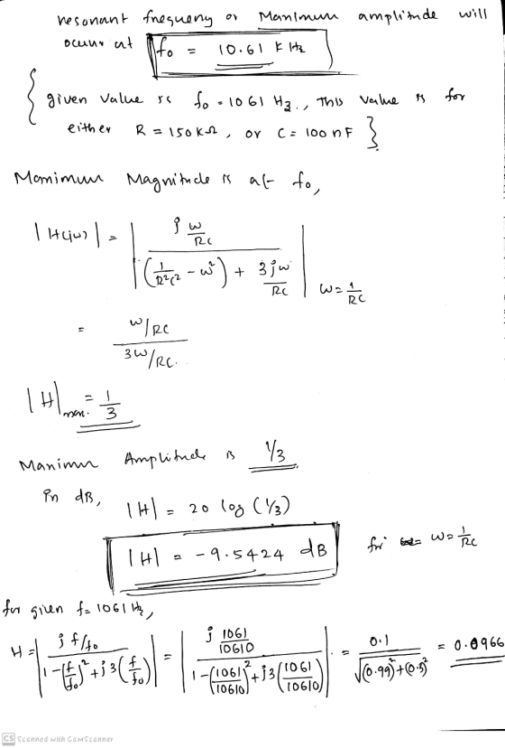 will resonant frequeny on Manimun amplitude ouun. at 10.61 kHz Ito { given value is fo=1061 H3., This Value for either R = 15