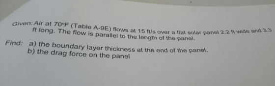 Given: Air at 70°F (Table A-9E) flows at 15 ft/s over a flat solar panel 2.2 ft wide and 33 ows ft long. The flow is parallel
