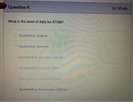 Question 4 0 / 10 pts What is the level of data for ATVM? Qualitative, Ordinal Qualitative, Nominal Quantitative, Discrete, I