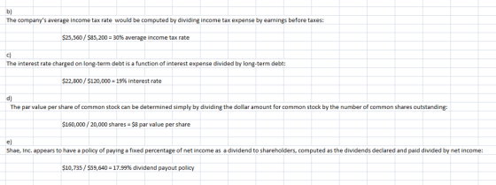 b) The companys average income tax rate would be computed by dividing income tax expense by earnings before taxes 25,560 / $85,200 : 30% average income tax rate The interest rate charged on long-term debt is a function of interest expense divided by long-term debt $22,800 / $120,000 19% interest rate d) The par value per share of common stock can be determined simply by dividing the dollar amount for common stock by the number of common shares outstanding: $160,000/20,000 shares $8 par value per share e) Shae, Inc. appears to have a policy of paying a fixed percentage of net income as a dividend to shareholders, computed as the dividends declared and paid divided by net income $10,735 / $59,640-17.99% dividend payout policy