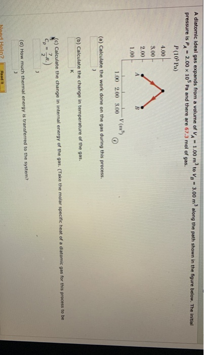 A diatomic ideal gas expands from a volume of VA-1.00 mºto V, - 3.00 m along the path shown in the figure below. The initial