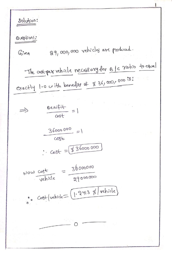 solution: Question: Given 29,000,000 vehicles are produced. The cost per vehicle necessary for Ble ratio to equal exactly 1.0