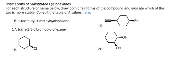 Chair Forms of Substituted Cyclohexanes For each structure or name below, draw both chair forms of the compound and indicate which of the two is more stable. Consult the table of A values here. 16. 1-tert-butyl-1-methylcyclohexane Ph 19. 17. trans-1,3-dibromocyclohexane 18. Cl 20. OH