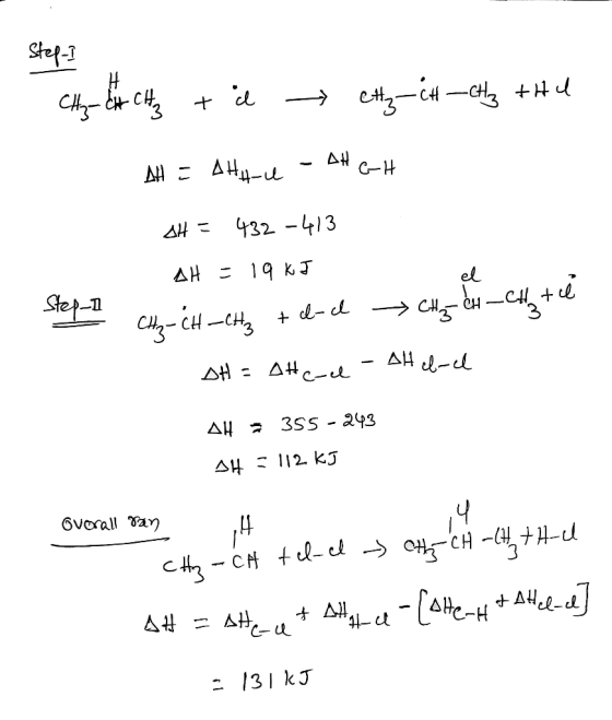 Step-I CH₂ C CH3 ta → ettz-ch_cHz +HU AH = AHH-u - AHGH 3 AH = 432-413 AH = 19 kJ stepe CH-CH-CH2 + d-d CH ₂ CH Chatel SHE At