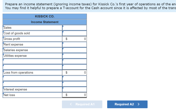Prepare an income statement (ignoring income taxes) for Kissick Co.s first year of operations as of the en You may find it h