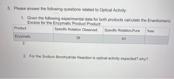 6. Please answer the following questions related to Optical Activity: 1. Given the following experimental data for both produ