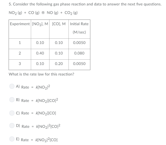 5. Consider the following gas phase reaction and data to answer the next five questions. NO2 (g)CO (g) NO (g) +CO2 (g) Experi