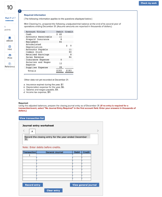 Check my work Part 7 of 7 Required information (The following information applies to the questions displayed below.) Mint Cle