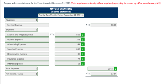 Prepare an income statement for the 2 months ended December 31, 2021. (Enter negative amounts using either a negative sign pr