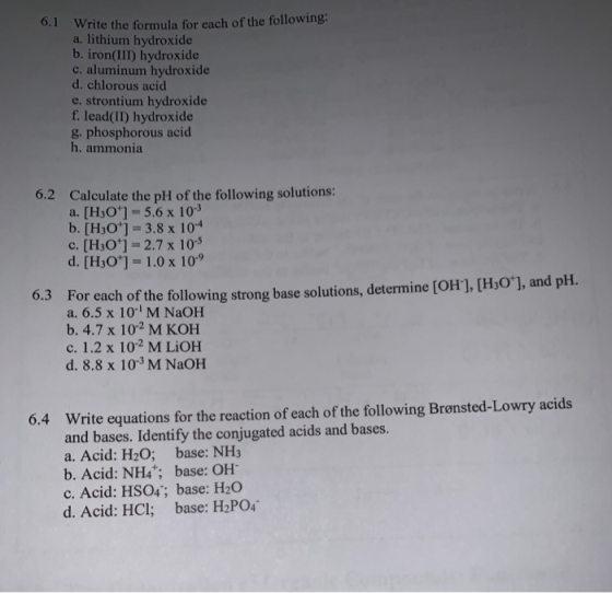 Write the formula for each of the following: a. lithium hydroxide b. iron(III) hydroxide c. aluminum hydroxide d. chlorous ac
