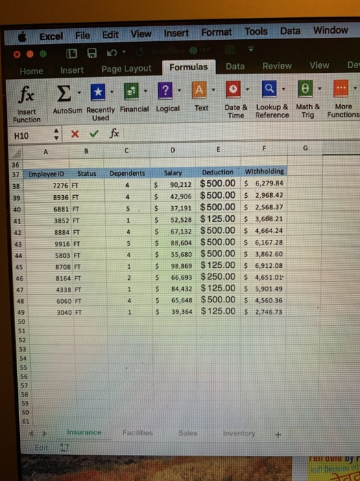 Excell! File. Edit View Insert Format Tools Data Window FormulasD Data Review View De Home Insert Page Layout insert AutoSum Recenty Financial Logical Text Date Loku Math &agrave; EMore Time Reference Trig Functions Function 36 i 37 38 39 40 41 42 oyeelO&middot;Status Dependents . Salary Deduction-withholding 490,212 $500.00 6,279.84 4 、$ 42,906 $500.00 $ 2,968.42 5$ 37,191 $500.00 s 2,568.37 1 S 52,528 $125.00 s3,668.21 4 S67,132 $500.00 $ 4,664.24 5 S 88,604 $500.00 6,167.28 4 S55,680 $500.00 $ 3,862.60 1 $ 98,869 $125.00 6,912.08 2 66,693 $250.00 4,651.0r 1S 84,432 $ 125.00 5,901.49 4 S 65,648 $500.00 s 4,560.36 1 S 39,364 $125.00 s 2,746.73 7276 FT 8936 FT 6881 FT 3852 FT 8884 FT 9916 FT 5803 FT 8708 FT 8164 FT 4338 FT 6060 FT 3040 FT 47 48 49 51 54 57 5B 61 fInsuranceFacilities Inveritory Edit
