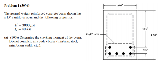 Problem 1 (50% 16.0 The normal weight reinforced concrete beam shown has a 15 cantilever span and the following properties f