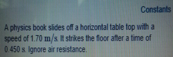 Constants A physics book slides off a horizontal table fop with a speed of 1.70 m/s. It strikes the floor after a time of 0 450 s Ignore air resistance.