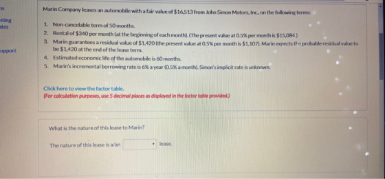 Marin Company leases an automobile with a fair value of $16513 from John Simon Motors, Inc., on the following terms nting ate
