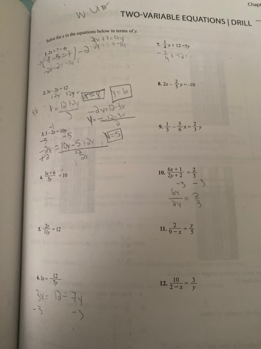 Chapi w.vip TWO-VARIABLE EQUATIONS DRILL in the equations below in terms of y 2x17 Sahe or in the equatic 7. ** + 12-5y - 5 -