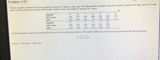 Problem 4.53 Thirteen students entered the business program at Sante Fe College 2 years ago. The following table indicates what e exam and their grade-point averages (GPAs) after students were in the Sante Fe program for 2 years Student SAT Score GPA Student SAT Score 8 419 377 50 690 604 388 418 287 290 297 342369 285 215 481 734 50 616 712 362 GPA253 322 197 27 390 1.62 The least-squares regression equation that shows the best relationship between GPA and the SAT score is (round your responses to four where y GPA and X SAT score