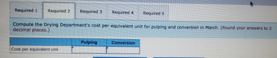 Required 1 Required 2 Required 3 Required 4 Required 5 Compute the Drying Departments cost per equivalent unit for pulping a