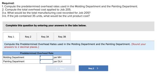 Required: 1. Compute the predetermined overhead rates used in the Molding Department and the Painting Department. 2. Compute