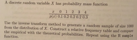 A discrete random variable X has probability mass function P() 0.1 0.2 0.2 0.2 0.3 Use the inverse transform method to generate a random sample of size from the distribution of X. Construct a relative frequency table and compare the empirical with the theoretical probabilities. Repeat using the R sample function. 1000