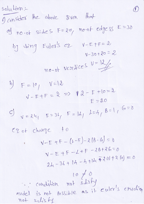 no-ot verlices U=12 6) consider the above solution: given that no -of sides Fado, no-of edgess E=30 by Eulers eq V-EXF=2 sin