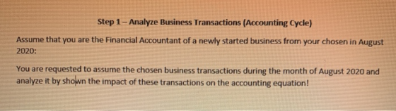 Step 1 -Analyze Business Transactions (Accounting Cycle) Assume that you are the Financial Accountant of a newly started busi