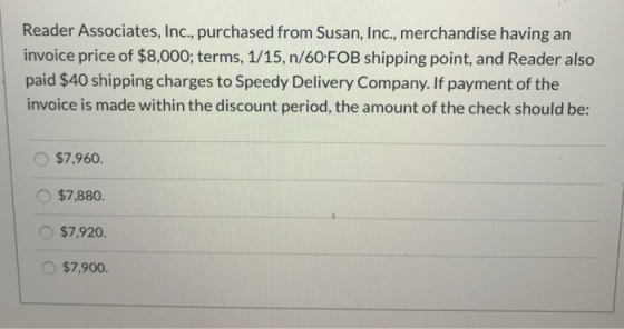 Reader Associates, Inc., purchased from Susan, Inc., merchandise having an invoice price of $8,000; terms, 1/15, n/60 FOB shi