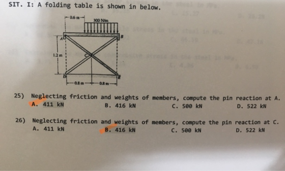 SIT. I: A folding table is shown in below. -0.6 m-- 300 Nm 1.2 m 0.8 m 0.8 m 25) Neglecting friction and weights of members,