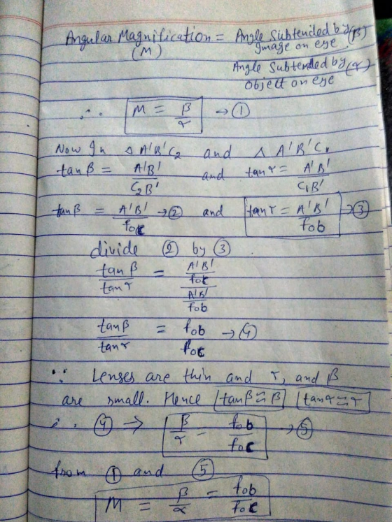 Angular Magnitication = Angle subteuidad bp Jmage on eye Angle Subtended bg bjett oneye (() Now 9u omiag and ^ ^BCo tanß=
